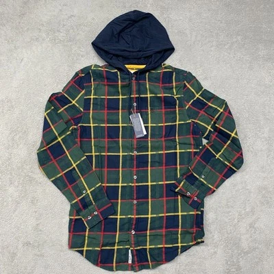 Penguin Shirt Mens S Blue Green Flannel Plaid Hoodie Button Up Cotton Outdoor - Image 1 of 4