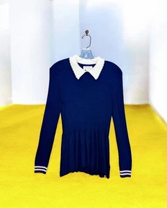 ELLE Navy Blue Knit TUNIC Sweater Pullover STRETCH Ribbed FLARED Women's Medium - Picture 1 of 9