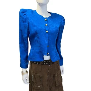 Vintage Silk Maggy London Royal Blue Floral Textured Gold Button Top, 6 - Picture 1 of 11