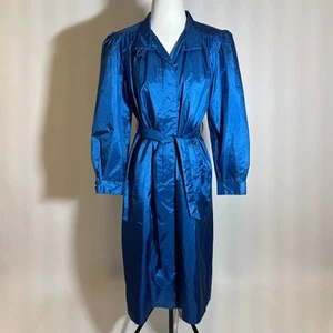 Vintage Jennifer Hill Blue Shiny Belted Tie Sash Long Trench Coat Womens Size 8 - Picture 1 of 20