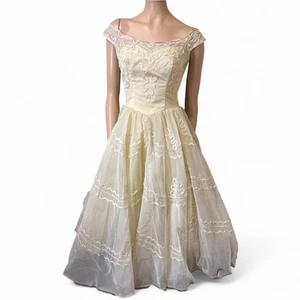 Vintage 50s Party Dress Yellow Fit and Flare Tulle Embroidered Prom Gown - Picture 1 of 12
