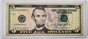 Vintage 2009 LUCKY 2222 $5 Five Dollar Bill Fancy Serial Number JG32222803A 2009 - Picture 1 of 2