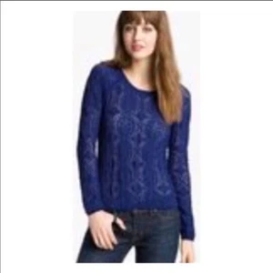 FREE PEOPLE $88 Indigo Blue Sunny Pucker Lace Top SMALL Semi-Sheer Stretch - Picture 1 of 8