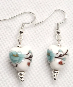 CERAMIC FLORAL HEART EARRINGS 4CM DROP 925 SILVER HOOKS E340 - Picture 1 of 2