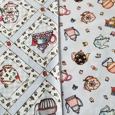 Mary Engelbreit Quilt Fabric Blue Teapot Cup of Kindness TeaPot Squares 2x QtrYd - Image 1 of 4