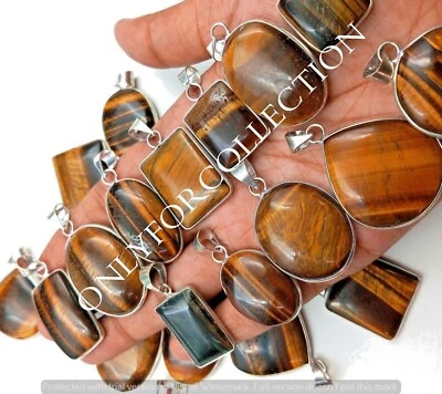 Pingentes de moldura feitos à mão folheados a prata esterlina 925 pedra preciosa olho de tigre natural - Imagem 1 de 3