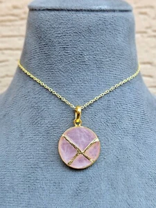 Rose Quartz NECKLACE KINTSUGI Art Initial Pendant Gold Engraved Gold PlatedChain - Picture 1 of 8
