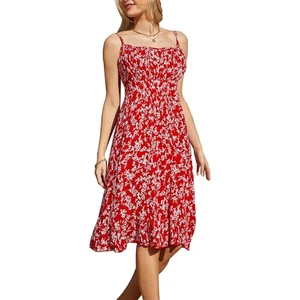 Grace Karin Sz S Oversized Midi Red Floral Tank Dress Stretch Pleated Lined - Picture 1 of 7