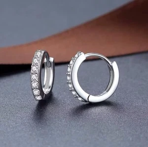 Minimalist Style Cubic Zirconia Hoop Earrings Sterling Silver 925 Hoops - Picture 1 of 5