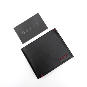 GUESS Men's Bifold Leather Wallet — Black with Red Logo & Embroidered Accents - Picture 1 of 11