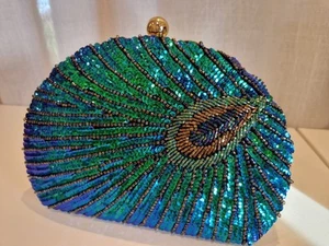 Peacock Blue Lady Handbag With Embroidery. Beaded And Sequined Luxury Clutch - Picture 1 of 6