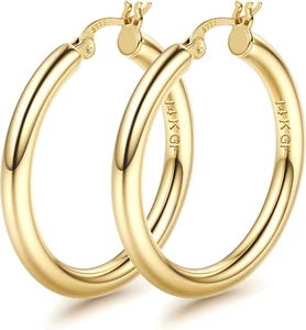 14K Chunky Gold Hoop Earrings for Women with 925 Sterling Silver Post Hollow Tub - Picture 1 of 12