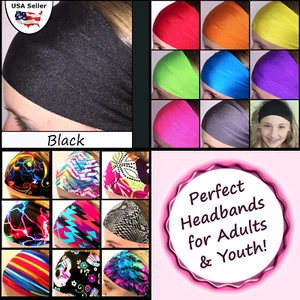 Pickleball Headband Wide Youth Sports Workouts Gym School Solid Color [Black] - Picture 1 of 3