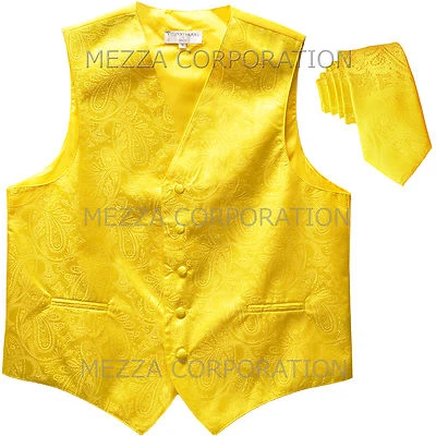 New Men's Paisley Tuxedo Vest 2.5" Skinny Necktie party Yellow wedding formal - Image 1 of 4