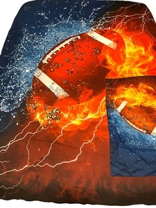 Flaming Football Sports Twin Bed 1 Duvet 1 Pillow Sham Reversible Kids Teen Blue - Picture 1 of 11