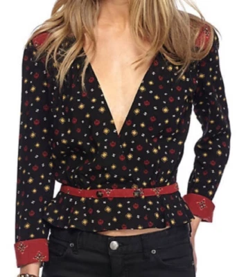 Free People Boho Blouse Size M Black Red Wrap Surplice Mixed Print Where we Roam - Image 1 of 4