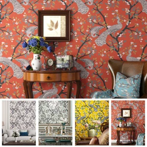 10M Country Peacock Floral Tree Waterproof Embossed Textured PVC Wallpaper Roll - Picture 1 of 37