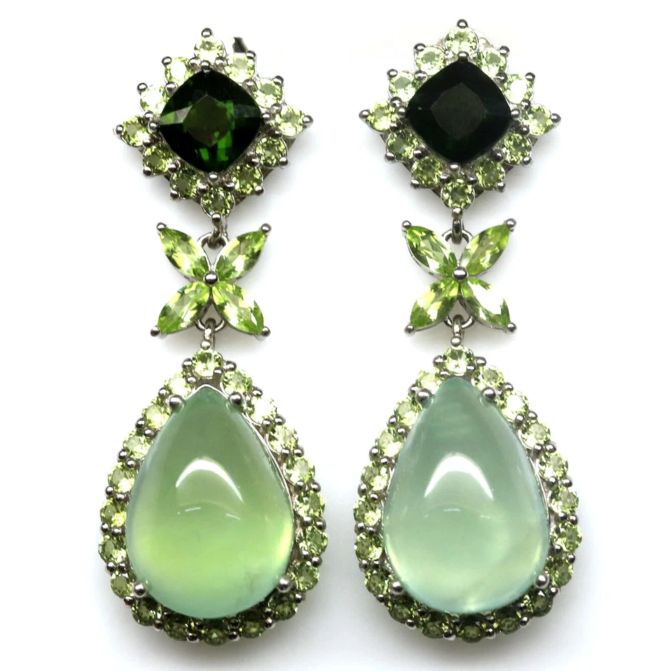 Gemstone Green Prehnite, Peridot & Diopside Earrings 925 Silver White Gold - Image 1 of 4