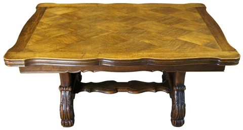 Antique French Walnut Carved Draw Leaf Extendable Dining Table Parquetry Top 106 Cover