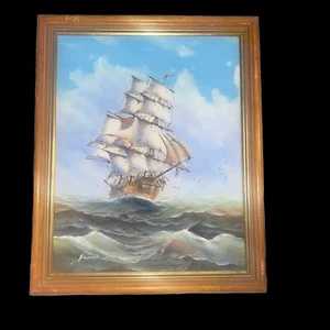 Large Maritime Nautical Painting Picture Clipper Ship On Canvas Framed Signed - Picture 1 of 24