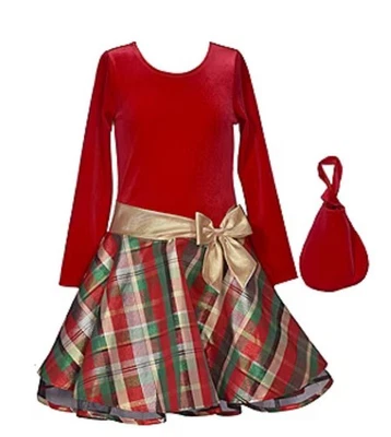 Bonnie Jean Girls Red Velvet Bodice Tartan Plaid Flair Skirt w Crinoline Edging - Image 1 of 4