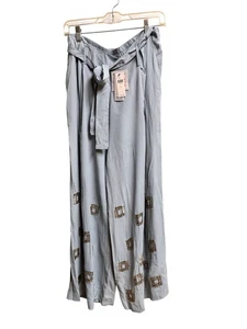 Anthropologie Bl^nk Sky Blue Beaded Wide Leg Pants Size L NWT $188 - Picture 1 of 7