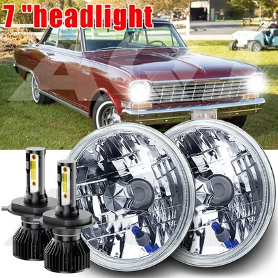For Chevrolet Chevy II 1964-1967 Pair 7"inch Round LED Headlights High Low Beam - Image 1 of 4