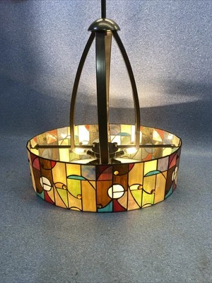 2008 Mid Century-Art Deco Stained Glass & Bronze Oval Shaped Pendant Light - Image 1 of 4