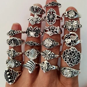 Lote a granel de 100 anillos de dije vintage tallados retro de plata para mujer mezcla al por mayor - Imagen 1 de 9