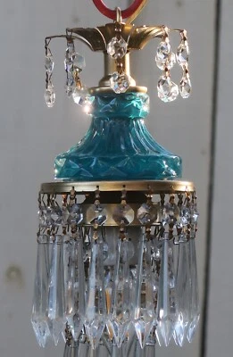 Vintage small Teal blue Lady cupcake glass Brass SWAG lamp chandelier crystal - Image 1 of 4
