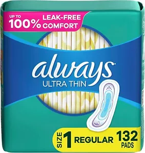 Always Ultra Thin Pads without Wings, Size 1, Regular, Unscented, 44 Ct - 3 Pack - Picture 1 of 7