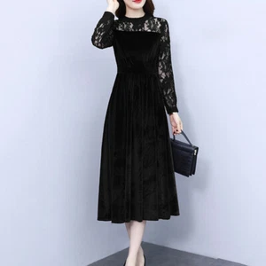 Lady Midi Velvet Pleuche Dress Lace Patchwork Long Sleeve High Waist Pleated - Picture 1 of 12