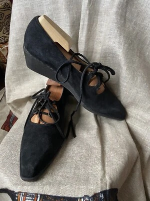BRUNO MAGLI Vintage BLACK SUEDE WEDGE Lace Up SHOES Silver Metal Heel SZ 8 AAA - Image 1 of 4