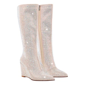 Women's Sparkle Rhinestone Wedge High Heel Zipper Mid -Calf Knee High Boot Shoes - Picture 1 of 10