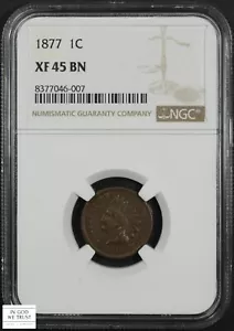 1877 Indian Head Copper Cent 1C NGC XF 45 BN - Picture 1 of 5