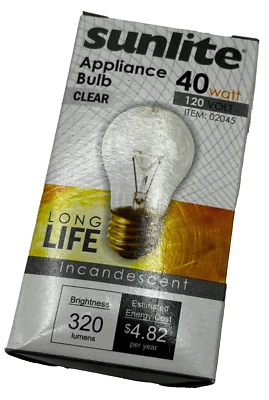 SUNLITE 40A15/CL APPLIANCE BULB LIGHT LAMP 02045 CLEAR 40W 120V320 LUMENS - Image 1 of 4