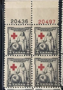 Scott 702, 2c Red Cross, Plate block/4, Top #s20497(R)/20436(B) MNH Free Ship - Picture 1 of 1
