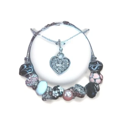 Pulsera Corazón Dije Rosa Estrás Esmalte Cuentas y Collar Love Mom GF Foto 1 de 4