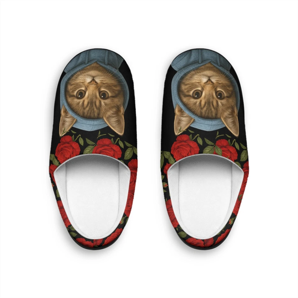 Zapatillas de retrato de gato marrón | Zapatillas de interior con patrón de rosa Foto 1 de 1