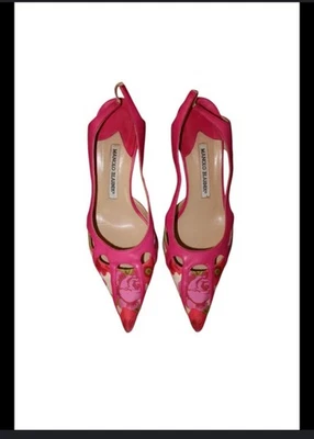 Manolo Blahnik Women's Vintage Sling Back 38 Pink Flowers Leather Y2K - Image 1 of 4