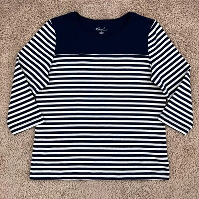 KIM ROGERS Womens Nautical Navy Blue Striped Sweater L 3/4-Sleeves Crew Neck - Image 1 of 4