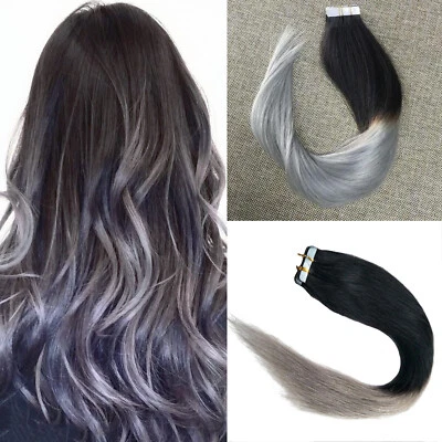 Tape in Hair Extensions Human Hair Skin Weft RemyHair Ombre Black to Silver Grey - Image 1 of 4