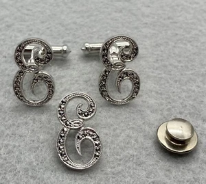 Vtg B&K Signed Tie Pin Cuff Links Set Sterling Silver 925 "E" Initial Marcasite - Picture 1 of 12