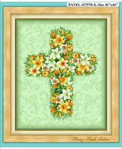 QT "EASTER PARADE" #27578-V FLORAL CROSS RELIGIOUS FABRIC PANEL 36"X44" - Picture 1 of 1