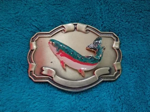 Vintage Belt Buckle Rainbow Trout Fishing brass 1970's Rain tree - Picture 1 of 2