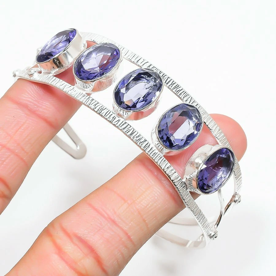 Purple Amethyst Gemstone Handmade 925 Sterling Silver Jewelry Bangle Sz 7-8 - Image 1 of 1