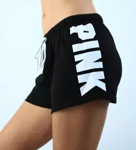 Victoria's Secret PINK Fleece Sweatshorts Black White Logo NWT - Picture 1 of 2