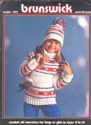 Crochet Ski Sweater Pattern Leaflet Brunswick 7314 Booklet For Boys & Girls 4-14 - Image 1 of 2
