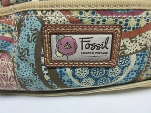 Fossil Modern VTG Canvas Crossbody Bag Purse Corduroy Brown Blue Tan Key Fob - Picture 1 of 10