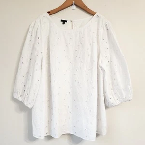 Talbots Top White Blouse Eyelite Lace Peasant Women 3/4 Sleeve Cotton 24W Boho - Picture 1 of 18